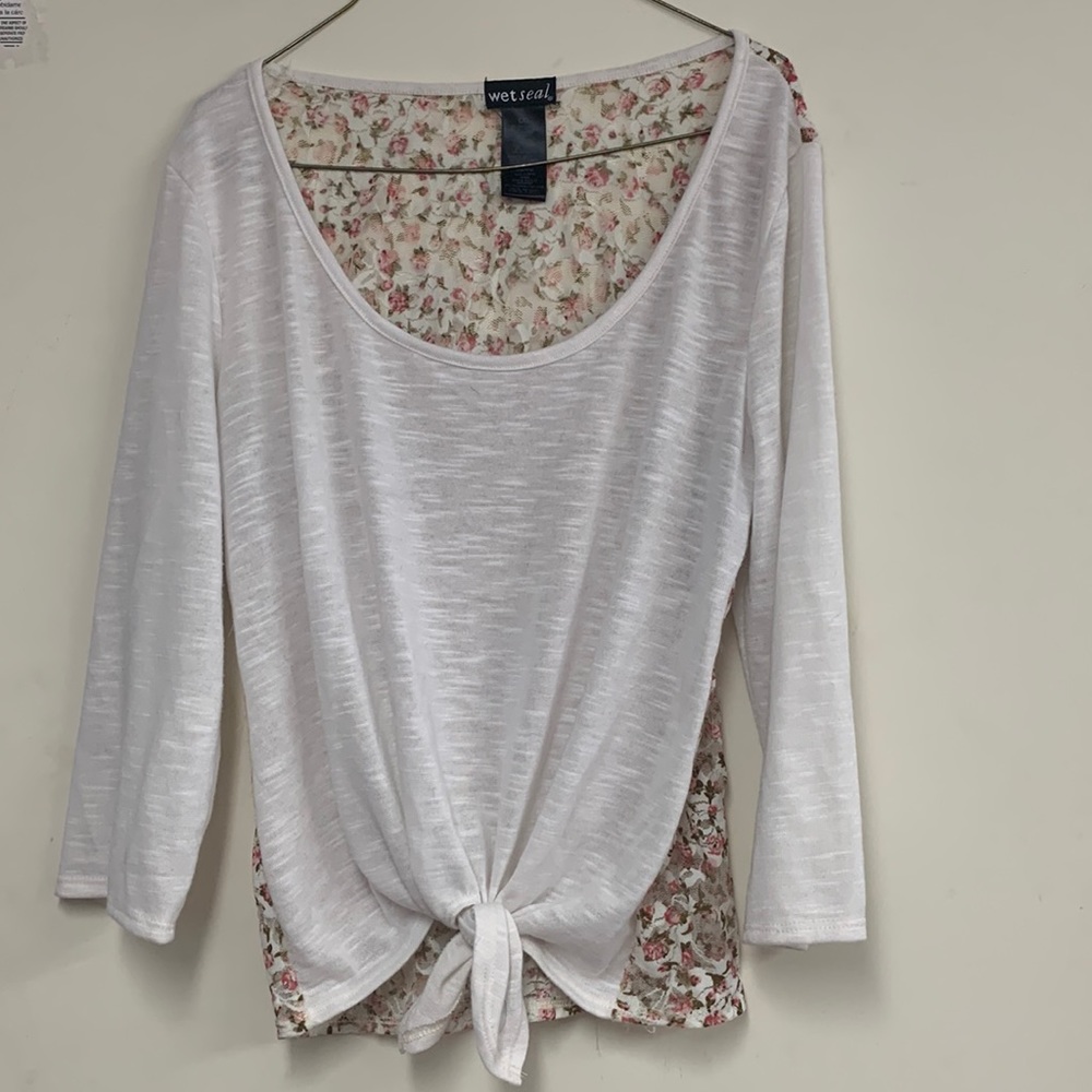Long sleeve white shirt. See thru floral back
